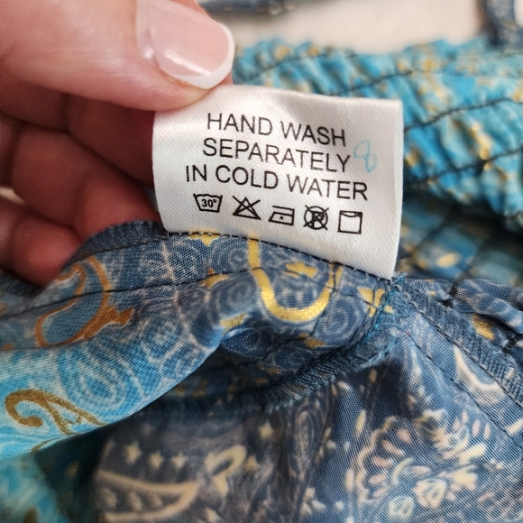 Art Silk Bohemian Blue and Red Sundress Tie Drewstring Waist Shirring Back - Picture 8 of 9